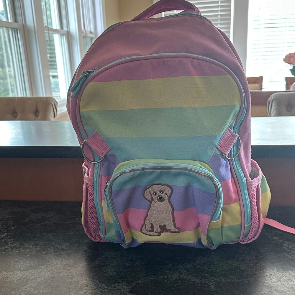 Pottery Barn Fairfax Rainbow Backpack with dog patch